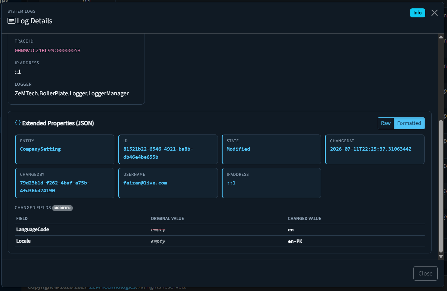 System log detail showing tracked changes with before and after values
